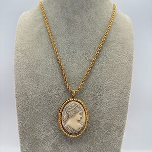 Gold Plated Stone Cameo Locket Necklace 30” Long Vintage Victorian Style
